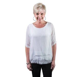 Tina Stephens Adriana Silk Double Raw Edge Short Sleeve Top - White, One Size Fi